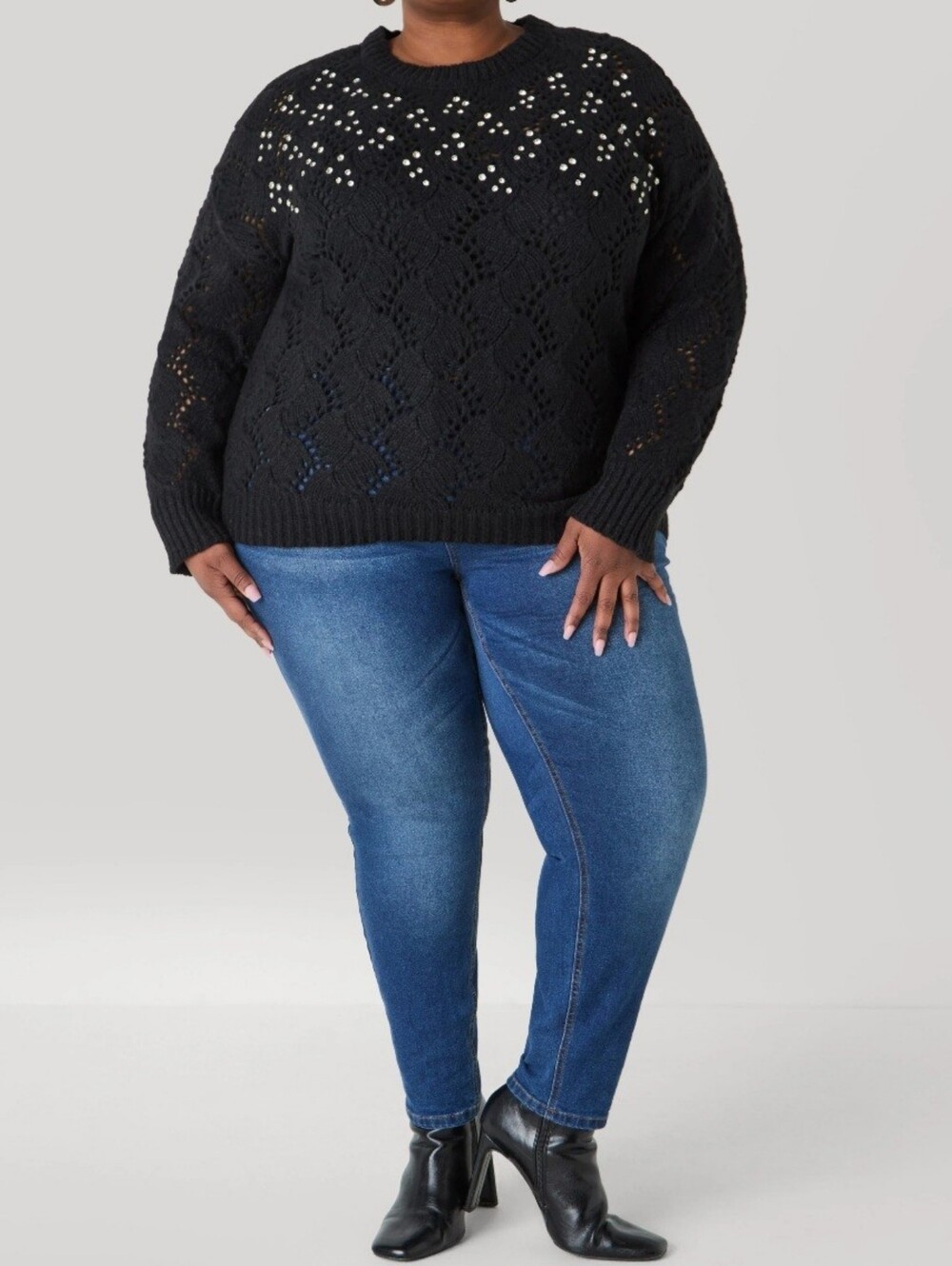Plus Size Black Open-Knit Crewneck Sweater